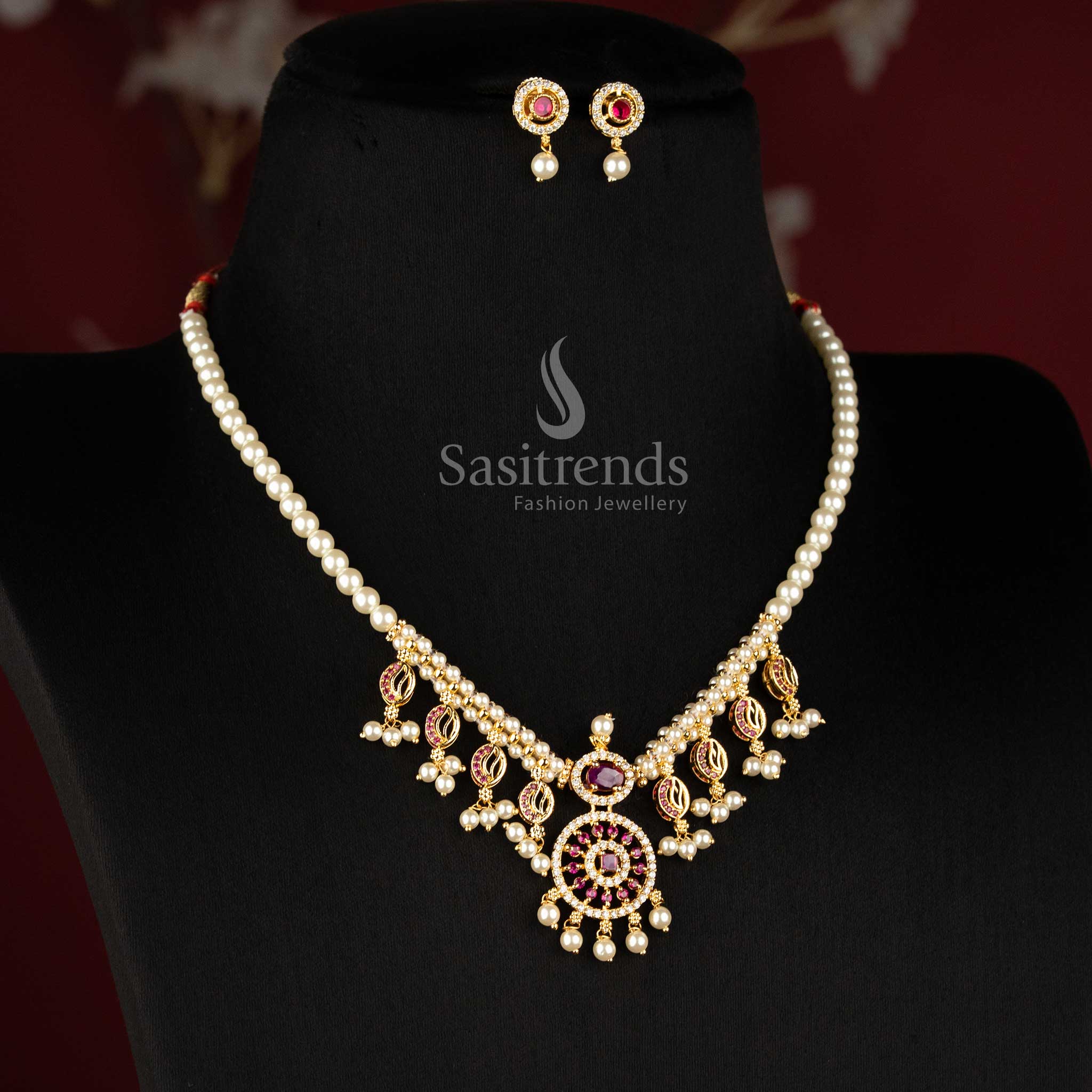 Sasitrends 24K micro gold plated pearl necklace set with layered floral pendant and AD Stone detailing 3039A 