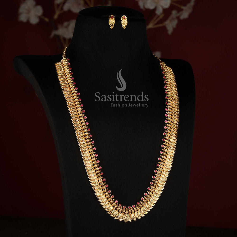 Sasitrends 24K micro gold plated short and long Lakshmi Mango necklace set designed with intricate traditional motifs and earrings 