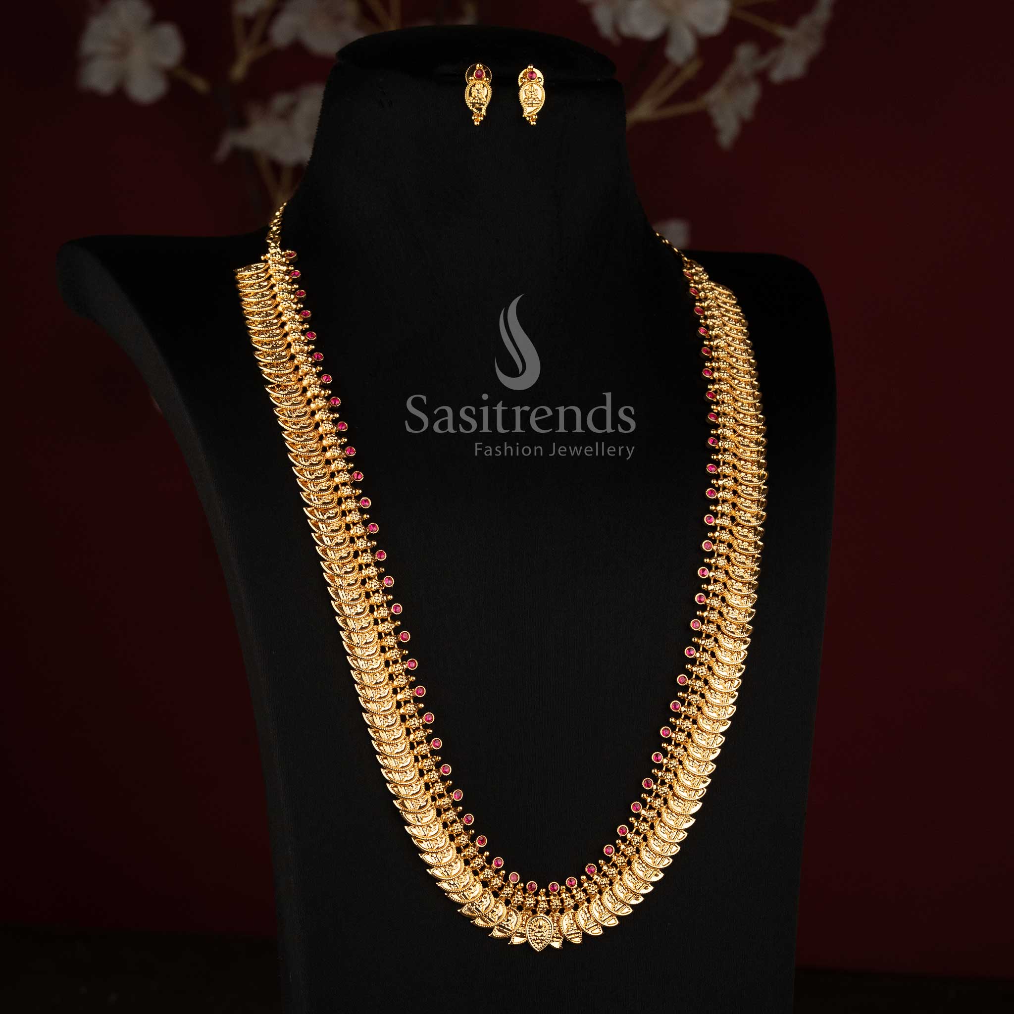 Sasitrends 24K micro gold plated short and long Lakshmi Mango necklace set designed with intricate traditional motifs and earrings 