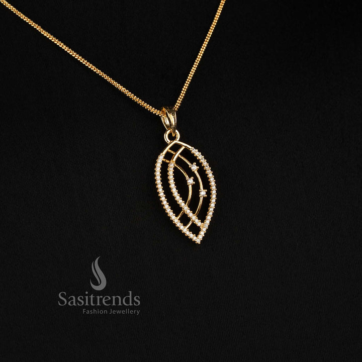 Elegant Micro Gold Plated American Diamond Leaf-Shaped Chain Necklace Set with Curved Double-Frame Design for Elegant Daily & Festive Wear