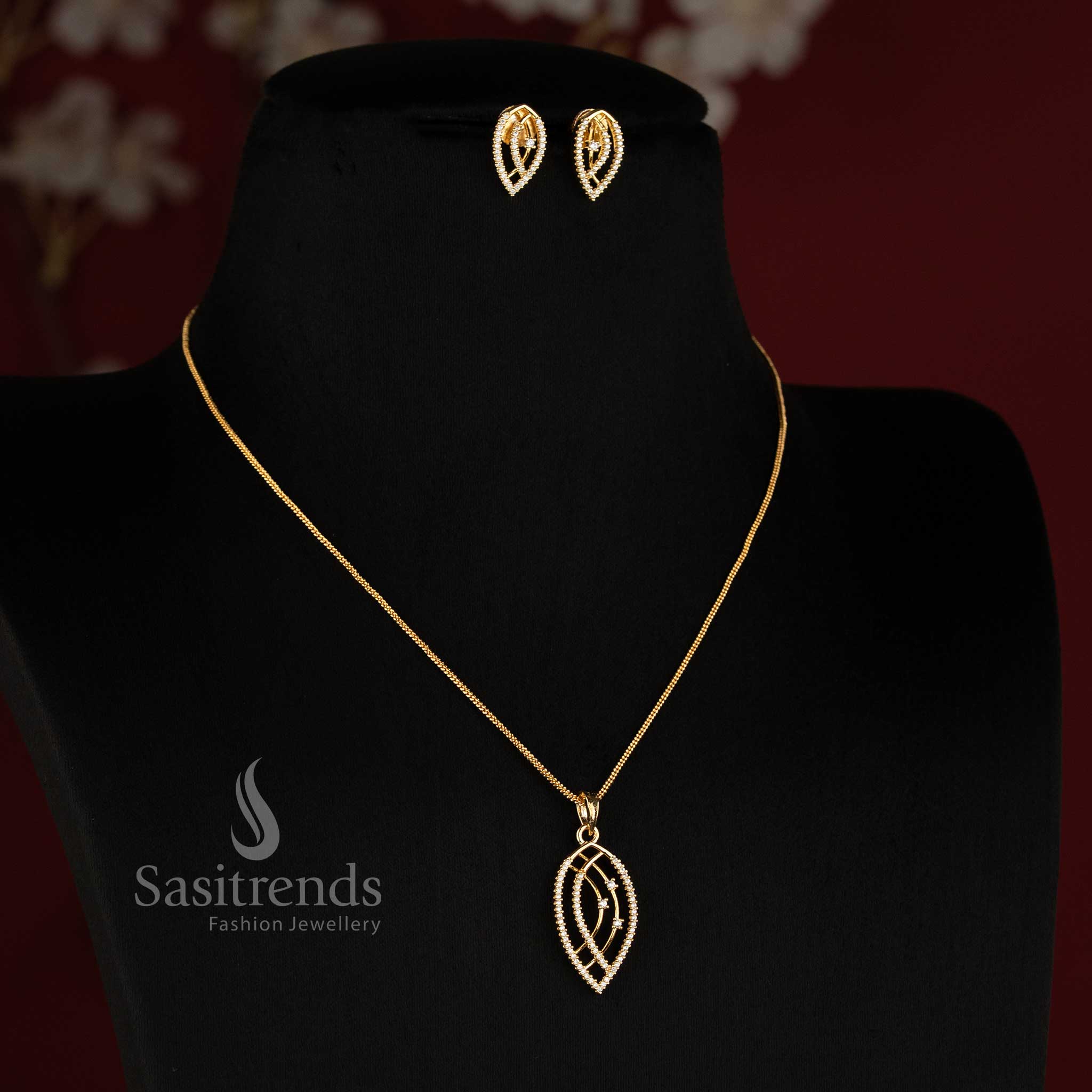 Elegant Micro Gold Plated American Diamond Leaf-Shaped Chain Necklace Set with Curved Double-Frame Design for Elegant Daily & Festive Wear
