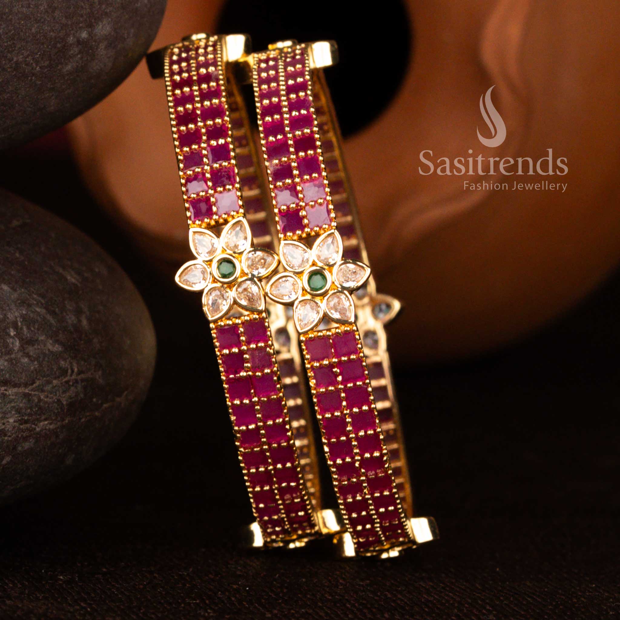 Elegant Guaranteed Micro Gold Plated American Diamond Double Linear Square Stone Floral Bangles – Premium One Gram Jewellery with Real Gold Finish - Sasitrends