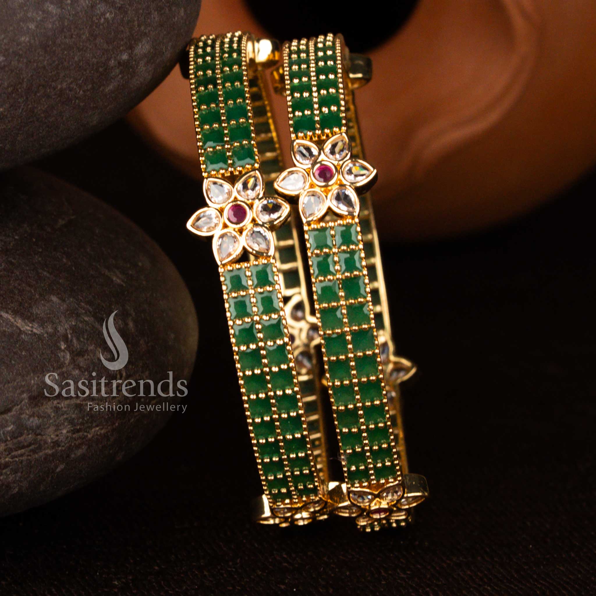 Elegant Guaranteed Micro Gold Plated American Diamond Double Linear Square Stone Floral Bangles – Premium One Gram Jewellery with Real Gold Finish - Sasitrends