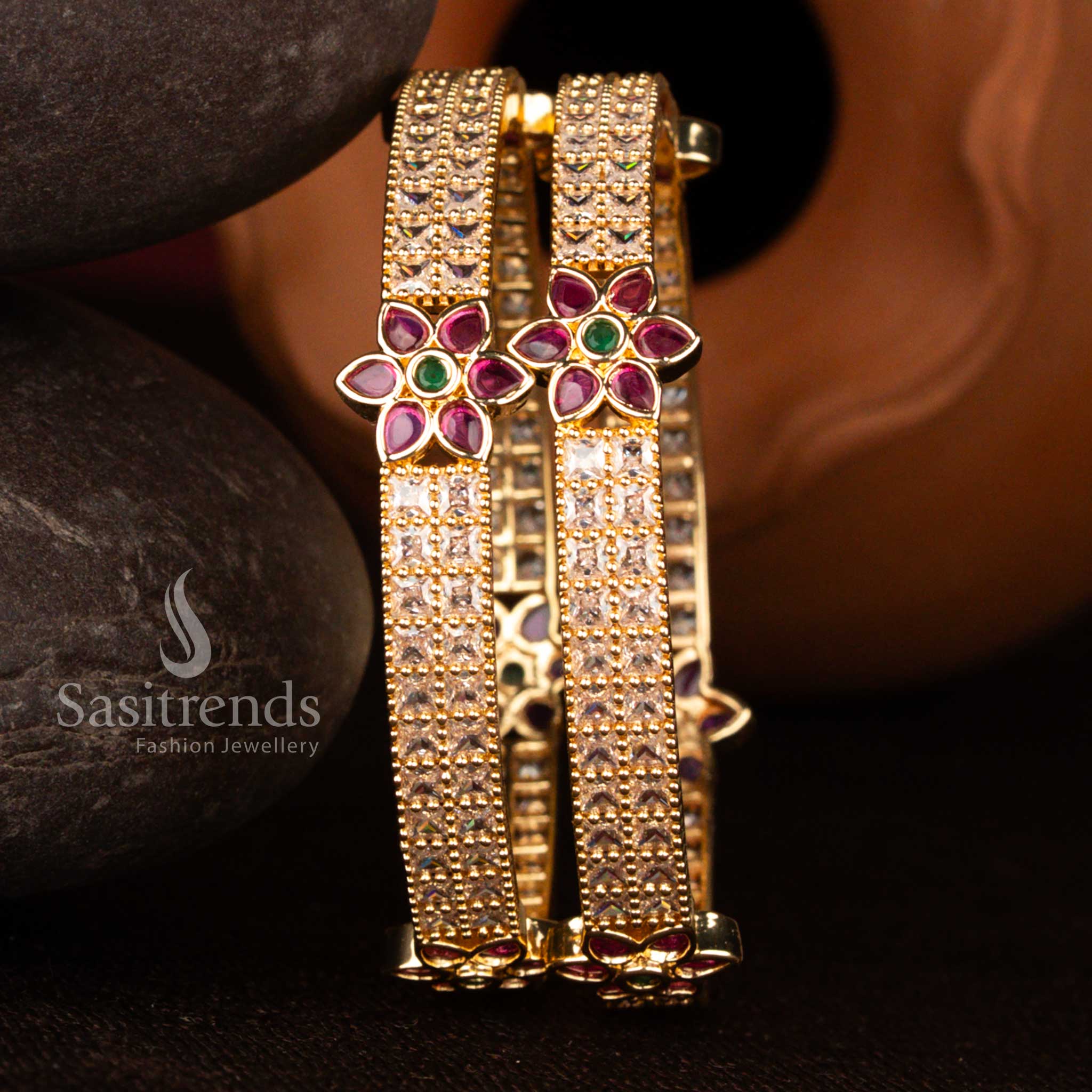 Elegant Guaranteed Micro Gold Plated American Diamond Double Linear Square Stone Floral Bangles – Premium One Gram Jewellery with Real Gold Finish - Sasitrends