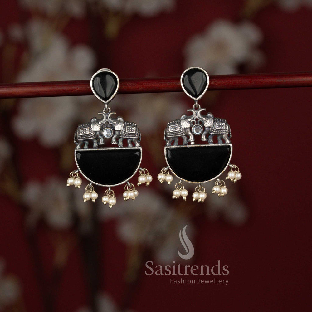 Gorgeous Antique Oxidised Silver Plated Elephant Motif Statement Earrings with Structured Arch Design, Half Moon Base and Pearl Drop Detailing - Sasitrends