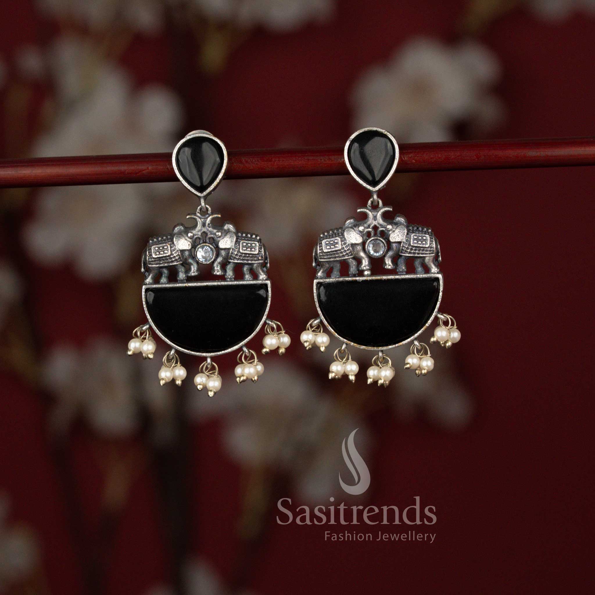 Gorgeous Antique Oxidised Silver Plated Elephant Motif Statement Earrings with Structured Arch Design, Half Moon Base and Pearl Drop Detailing - Sasitrends