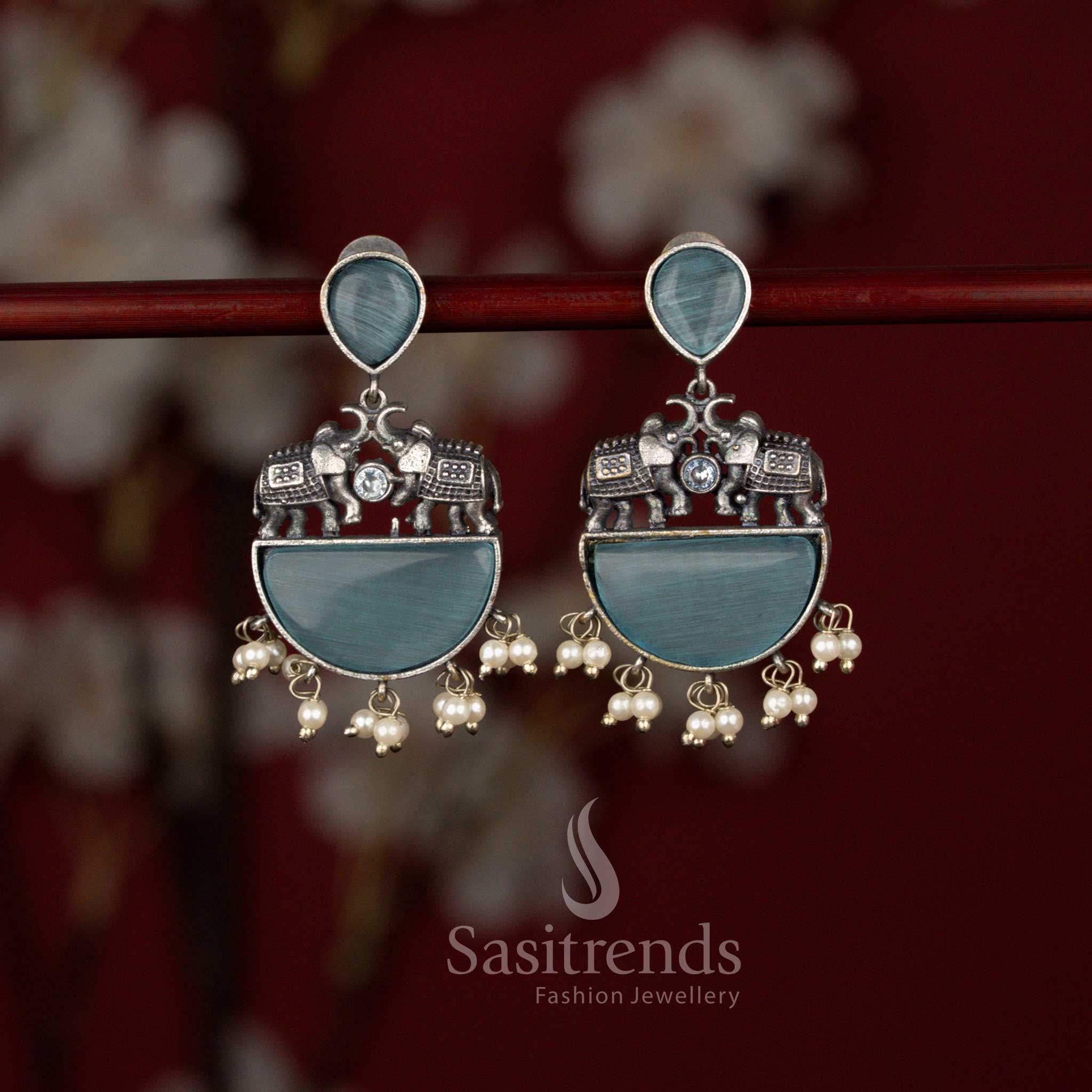 Gorgeous Antique Oxidised Silver Plated Elephant Motif Statement Earrings with Structured Arch Design, Half Moon Base and Pearl Drop Detailing - Sasitrends