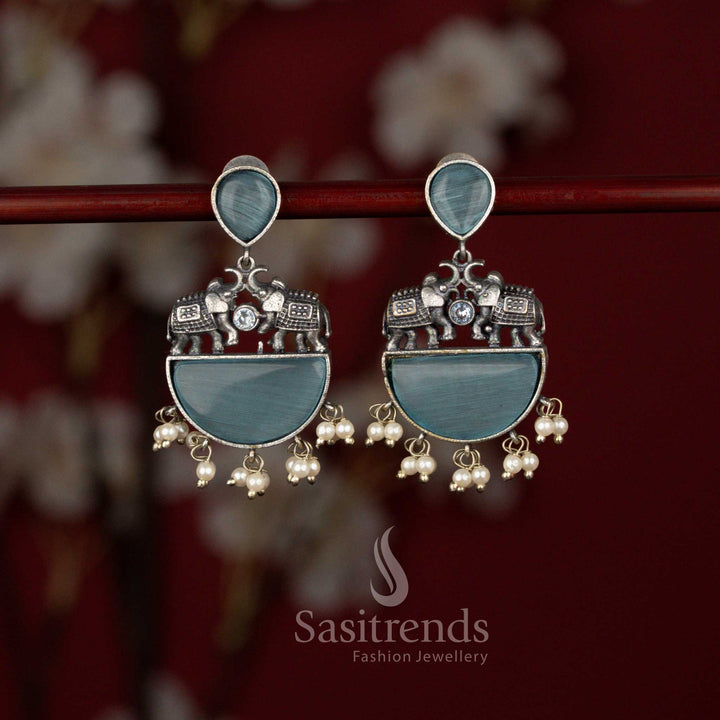 Gorgeous Antique Oxidised Silver Plated Elephant Motif Statement Earrings with Structured Arch Design, Half Moon Base and Pearl Drop Detailing - Sasitrends