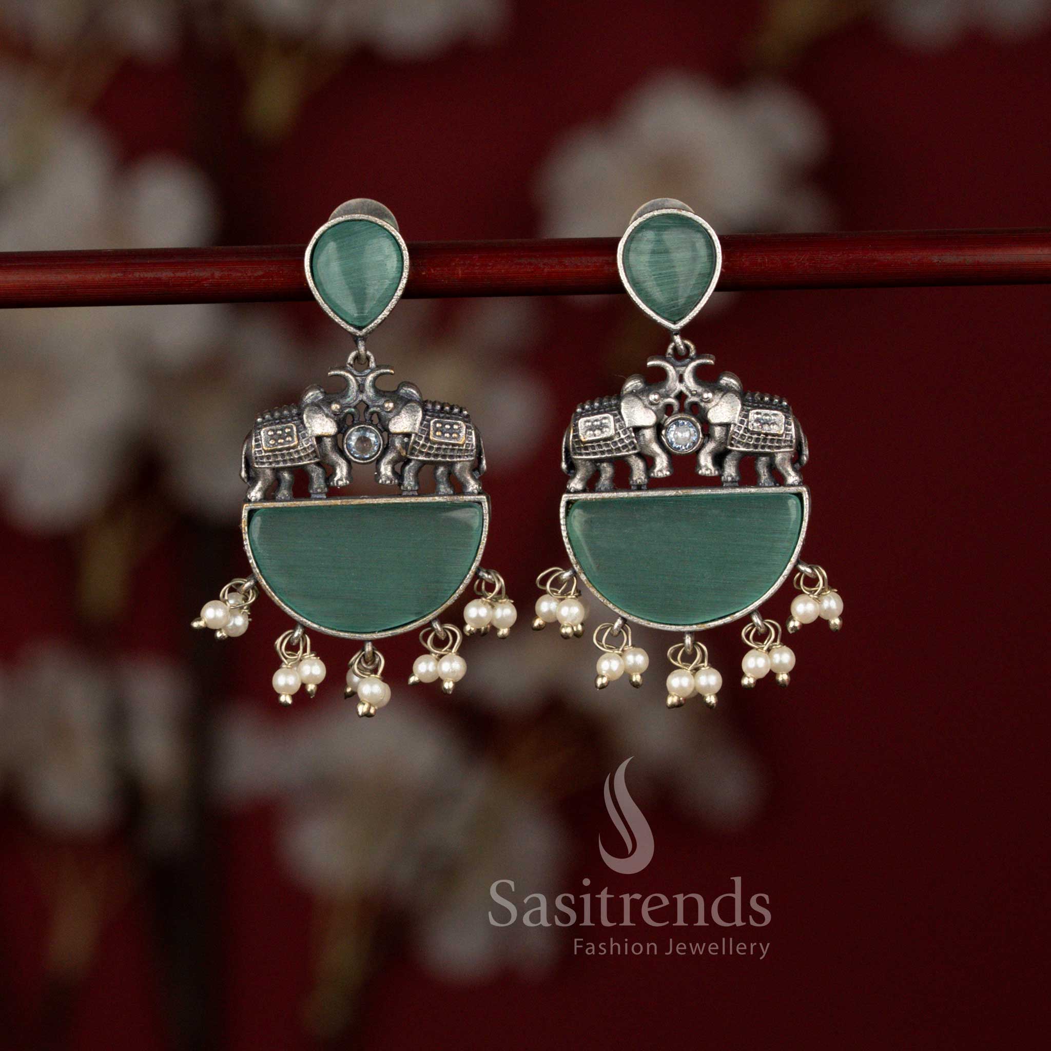 Gorgeous Antique Oxidised Silver Plated Elephant Motif Statement Earrings with Structured Arch Design, Half Moon Base and Pearl Drop Detailing - Sasitrends