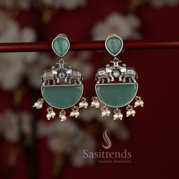 Gorgeous Antique Oxidised Silver Plated Elephant Motif Statement Earrings with Structured Arch Design, Half Moon Base and Pearl Drop Detailing - Sasitrends