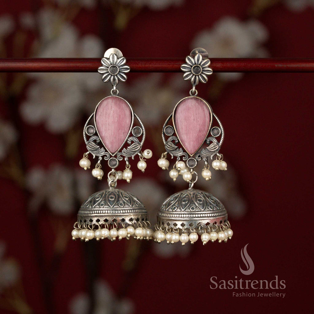 Graceful Antique 92.5 Silver Plated Oxidised Peacock Floral Teardrop Jhumka Earrings with Pearls for Office Wear - Sasitrends