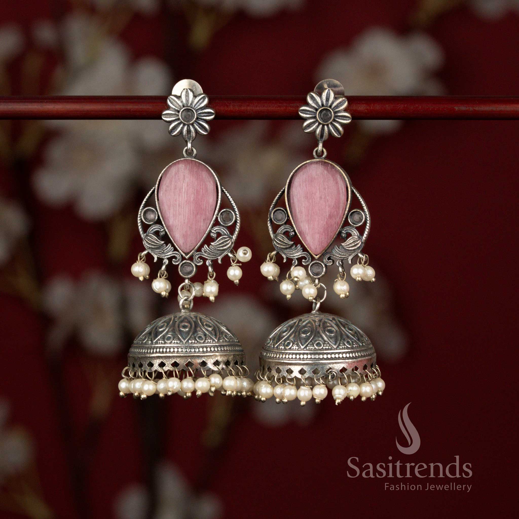 Graceful Antique 92.5 Silver Plated Oxidised Peacock Floral Teardrop Jhumka Earrings with Pearls for Office Wear - Sasitrends