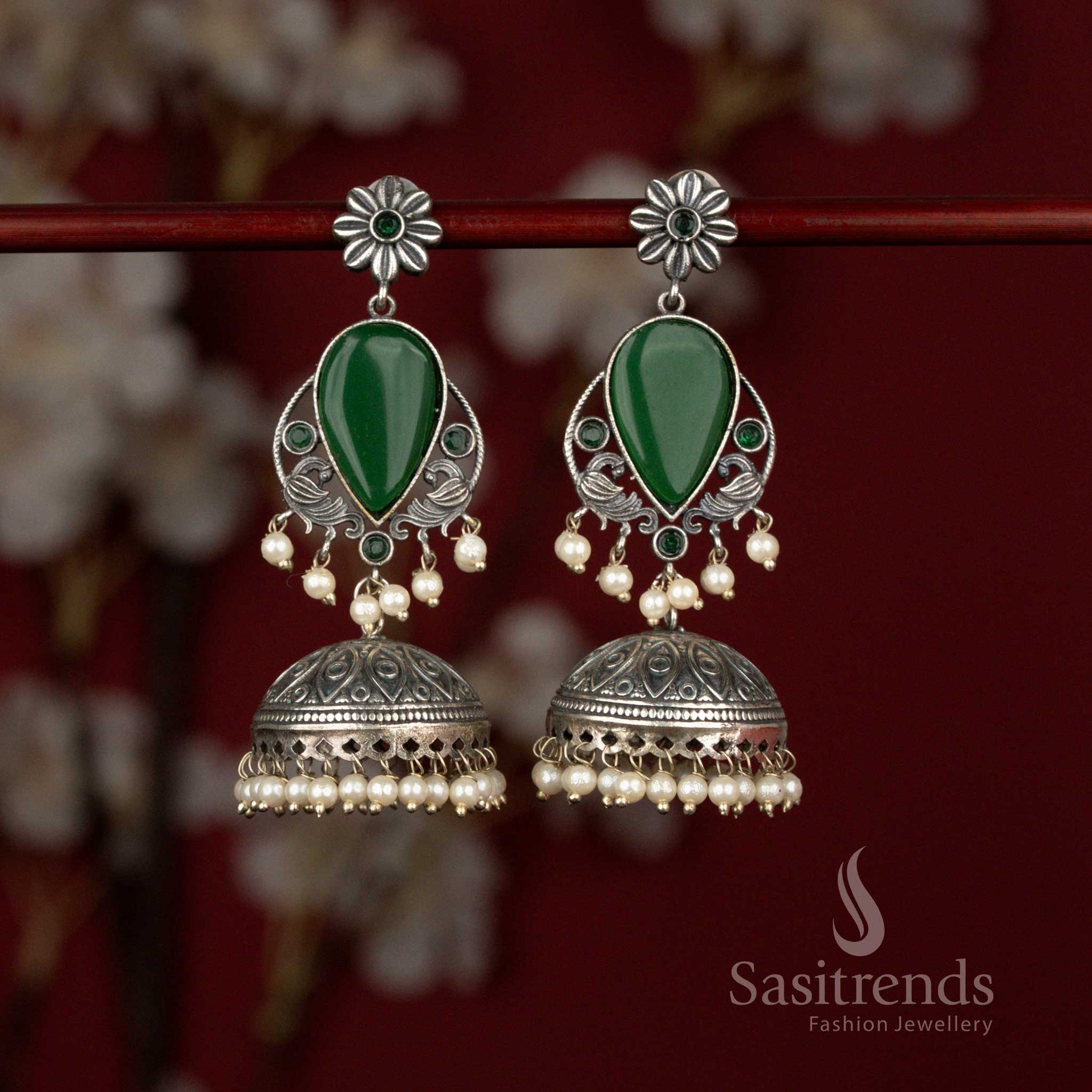 Graceful Antique 92.5 Silver Plated Oxidised Peacock Floral Teardrop Jhumka Earrings with Pearls for Office Wear - Sasitrends
