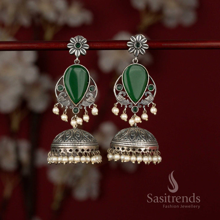 Graceful Antique 92.5 Silver Plated Oxidised Peacock Floral Teardrop Jhumka Earrings with Pearls for Office Wear - Sasitrends