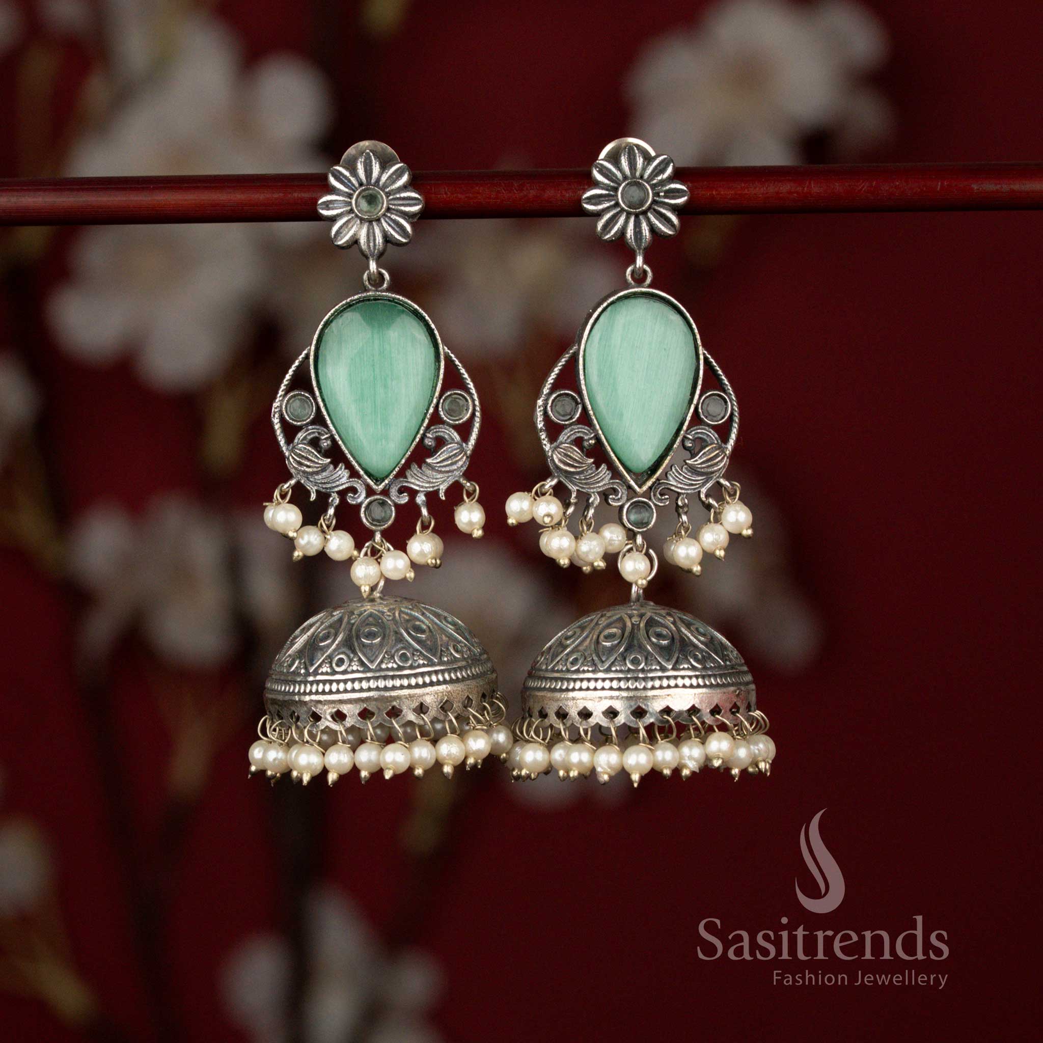 Graceful Antique 92.5 Silver Plated Oxidised Peacock Floral Teardrop Jhumka Earrings with Pearls for Office Wear - Sasitrends