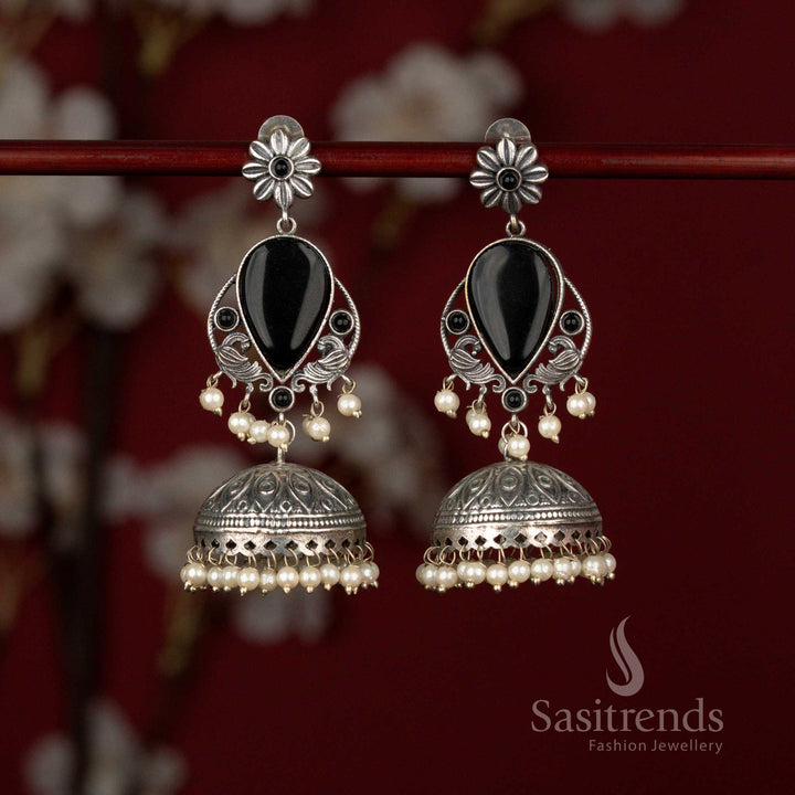 Graceful Antique 92.5 Silver Plated Oxidised Peacock Floral Teardrop Jhumka Earrings with Pearls for Office Wear - Sasitrends