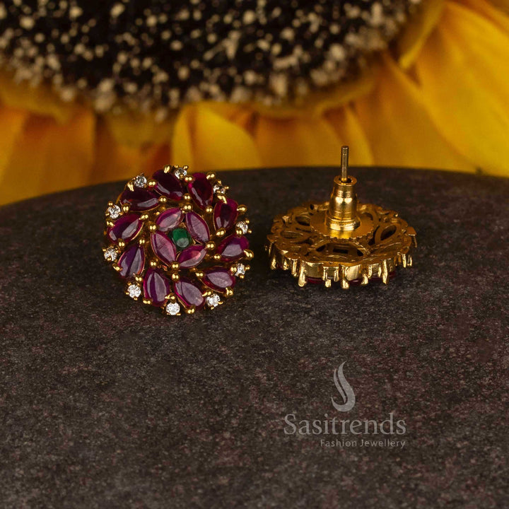 Divine Spark Premium Temple Matte Gold Plated Round Cluster Stud Earrings with Elegant Teardrop Stone Accents
