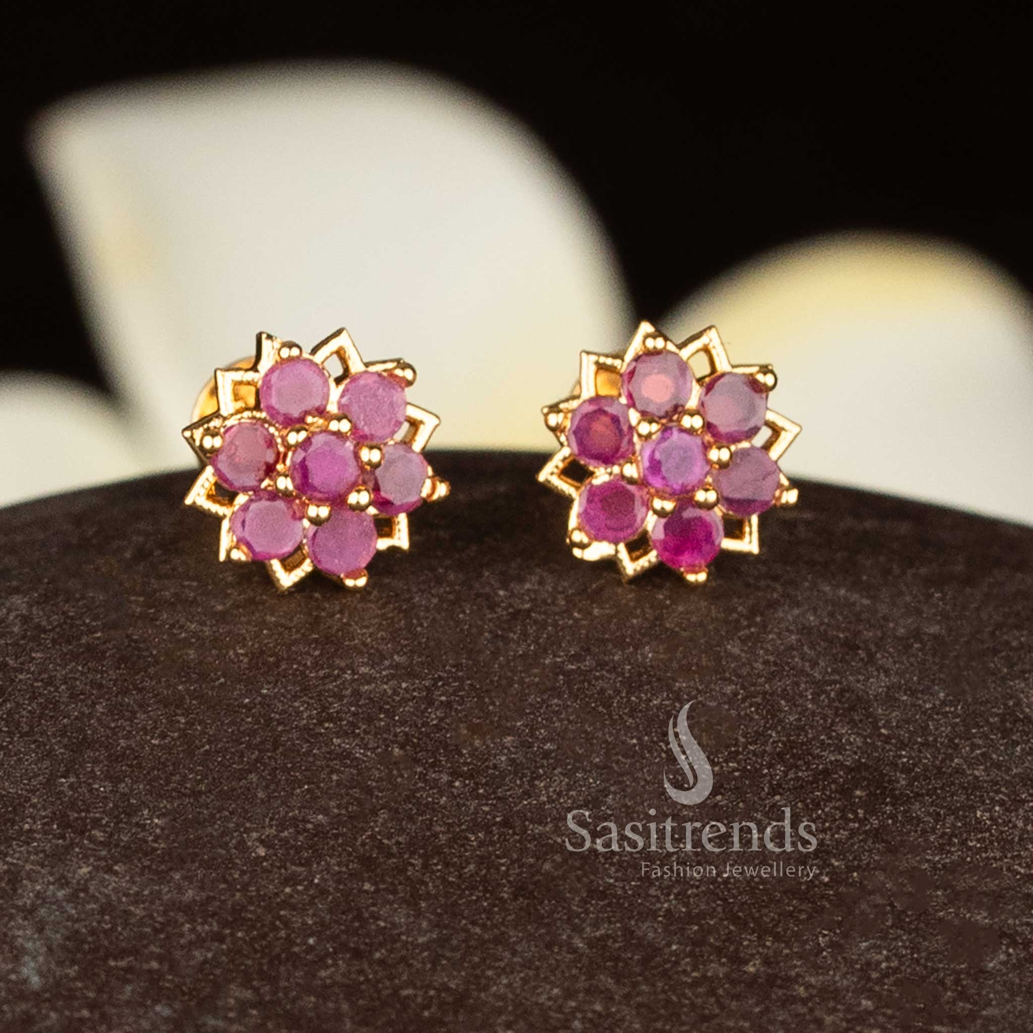 Majestic Micro Gold Plated AD Flower with Lotus Outline Cluster Stud Earrings for Festive Wear – Guaranteed