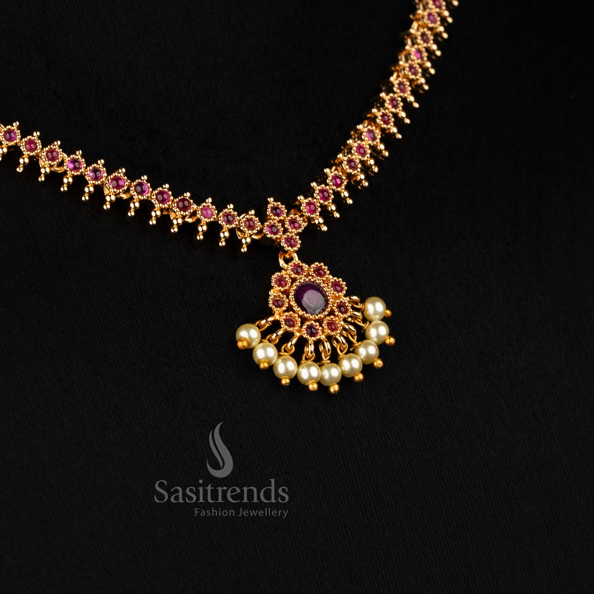American Diamond Micro Gold Plated Traditional Circular Floral Pearl Necklace Jewellery Set for Temple Visits & Traditional Saree Wear - Sasitrends