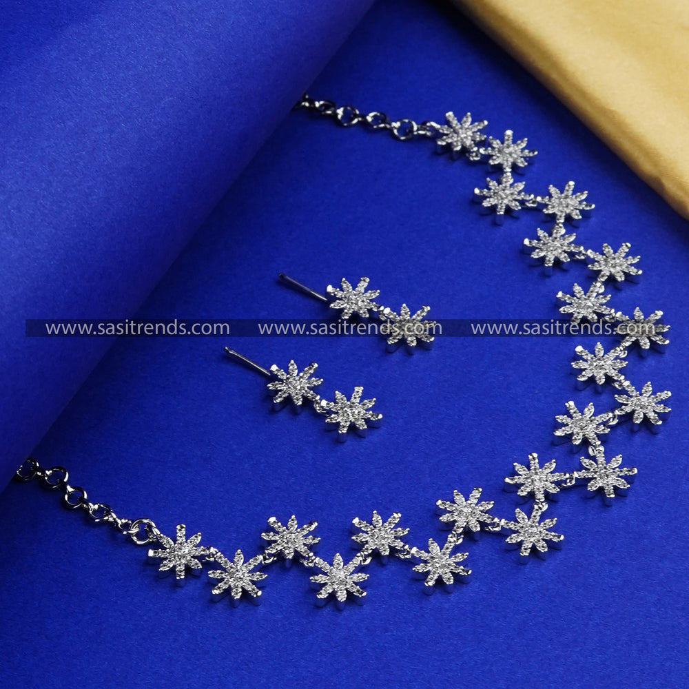 Radiant Rhodium Silver: Captivating Star Floral CZ Necklace Set with Matching Earrings