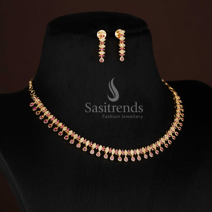 Stunning party wear Micro Gold Plated White  Ruby American Diamond Layered Drop Motif Necklace Set with premium traditional look - Sasitrends