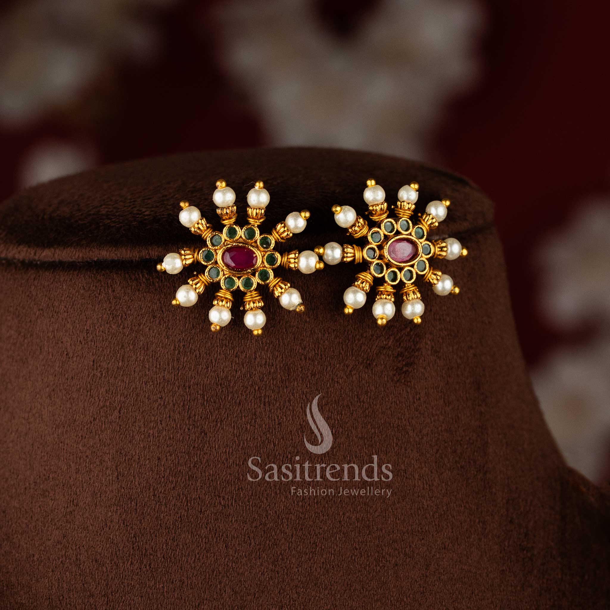 Premium Quality Temple Matte Gold Plated Floral Pearl Choker Necklace Jewellery Set with Kemp Stones & Jhumkas | Sasitrends - Sasitrends