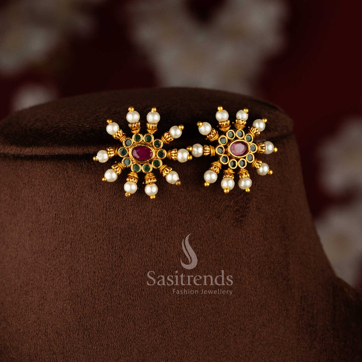 Premium Quality Temple Matte Gold Plated Floral Pearl Choker Necklace Jewellery Set with Kemp Stones & Jhumkas | Sasitrends - Sasitrends