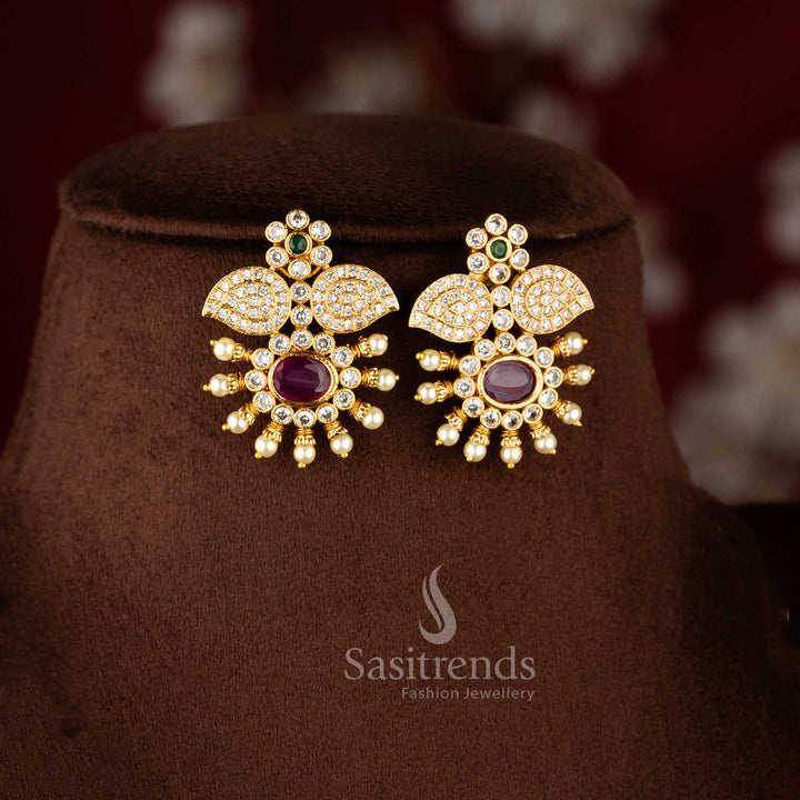 Detailed view of 2192B matte gold jewellery set featuring shimmering stones and pearl accents - Sasitrends
