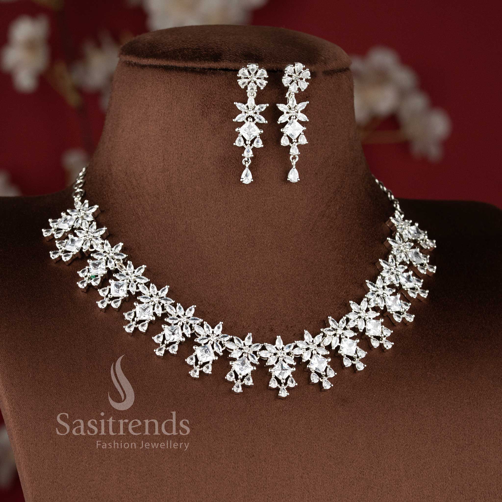 Gorgeous Floral Pattern Rhodium Silver Plated Necklace Jewellery Set with American Diamond for Party & Lehenga Wear - Sasitrends