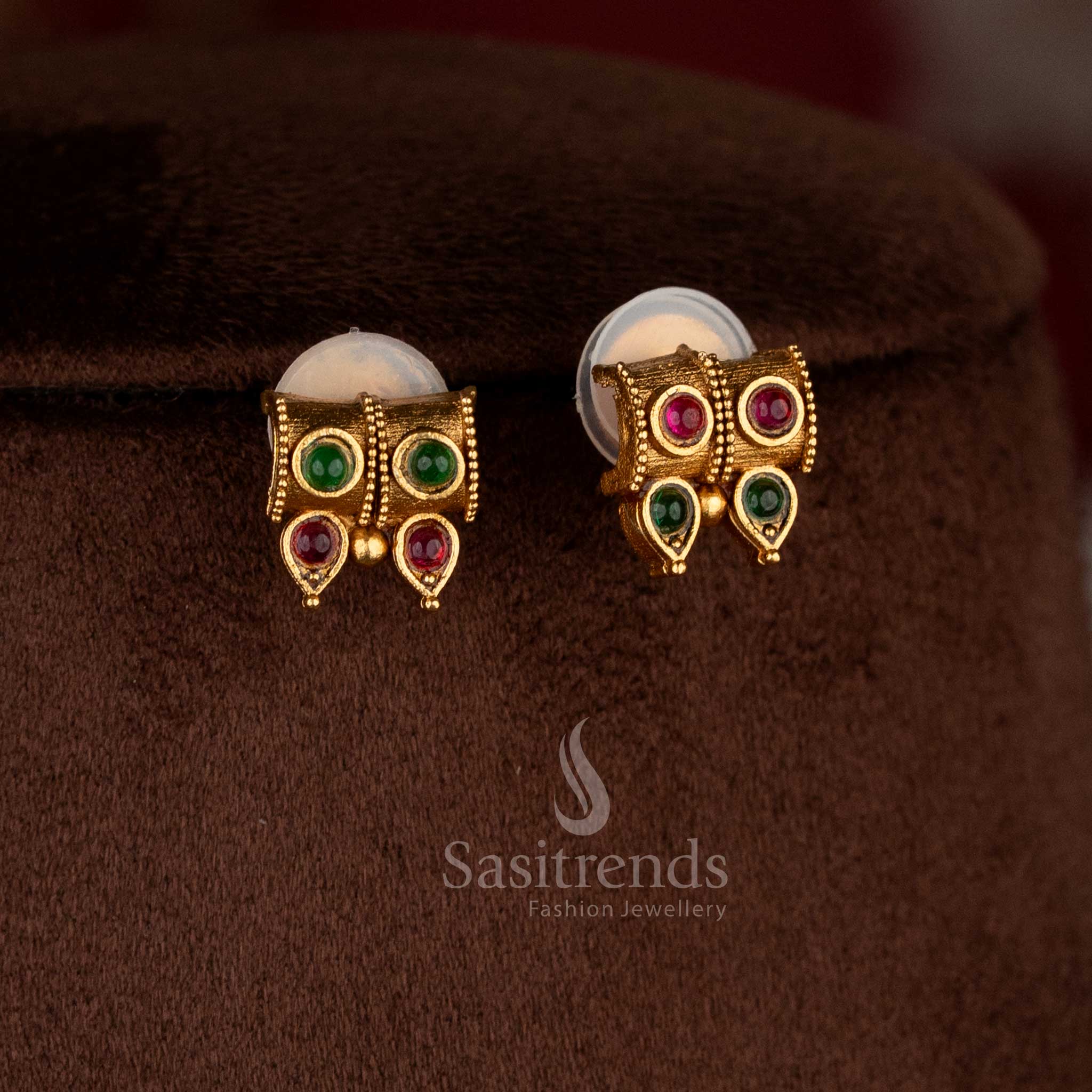 Sparkling classic matte gold plated ruby-green stone dangle earrings ideal for celebration outfits – Sasitrends