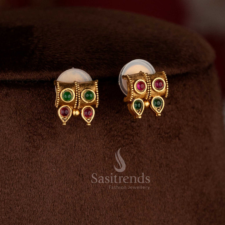 Sparkling classic matte gold plated ruby-green stone dangle earrings ideal for celebration outfits – Sasitrends