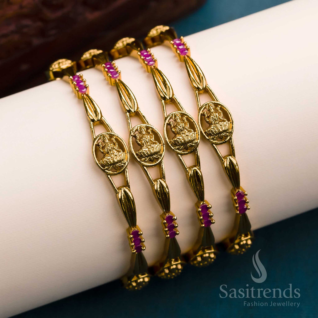 Traditional Dark Temple Gold Plated Lakshmi Oval Bangles with AD Stones - Perfect for Weddings & Festivals! - Sasitrends