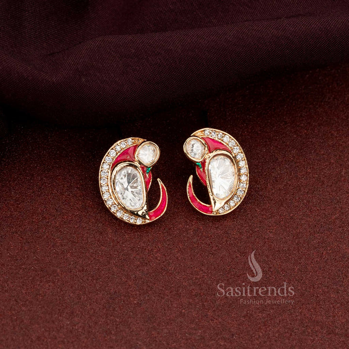 Elegant Dark Pink Kundan Stud Earrings In Paisley Mango Shape With Enamel And Swirl Finish For Festivals - Sasitrends