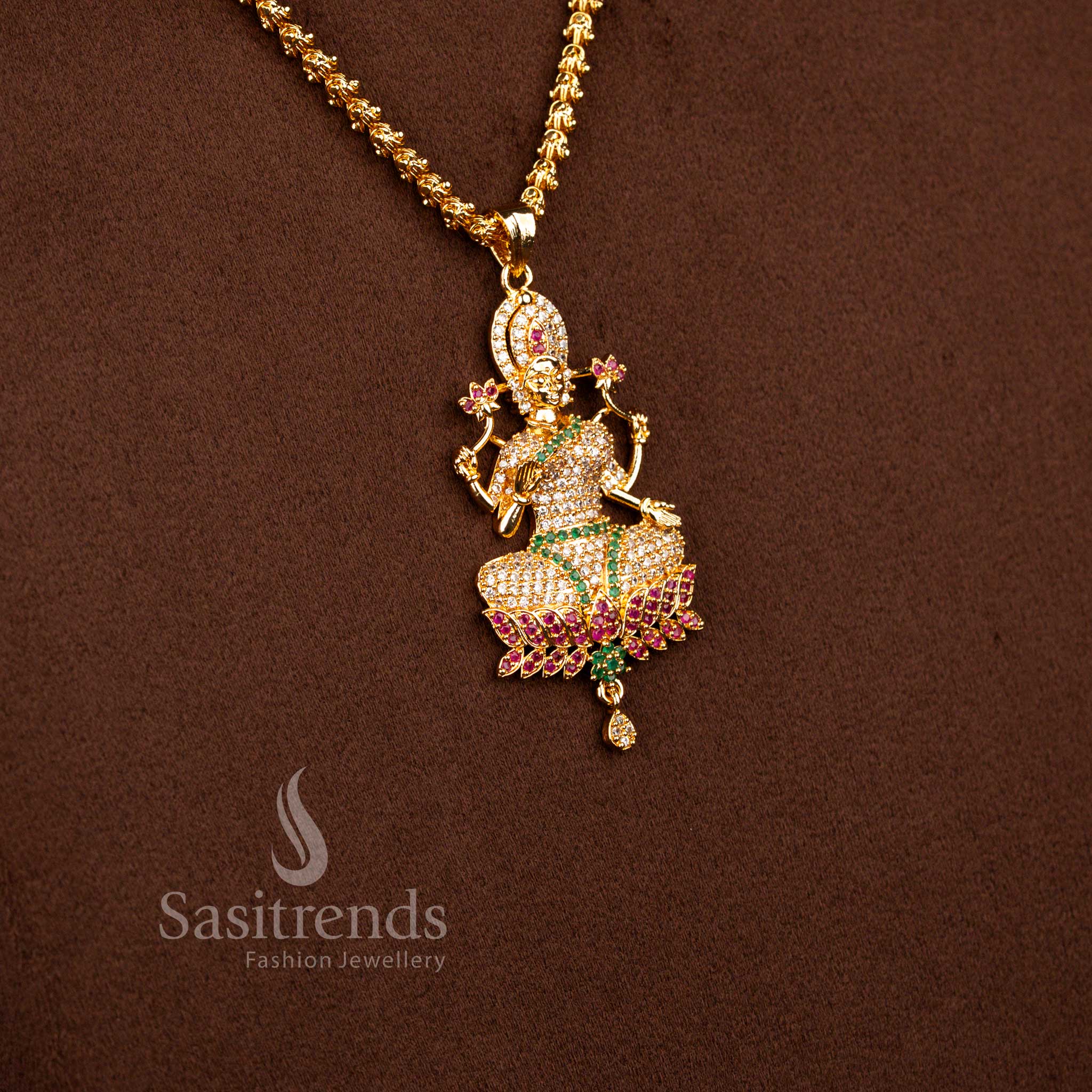 Divine Goddess Lakshmi Lotus Micro Gold Plated AD Stone Dasavatharam Rope Chain Necklace – Guaranteed Quality - Sasitrends