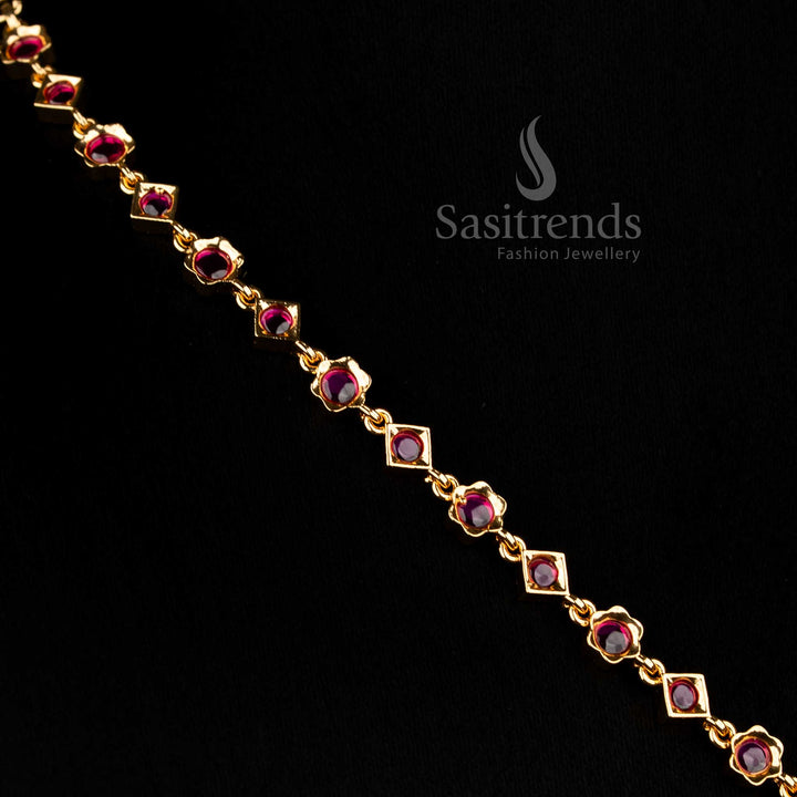 Elegant ruby American Diamond floral necklace featuring deep ruby tones and golden bead accents suitable for festive bridal occasions Jewellery - Sasitrends