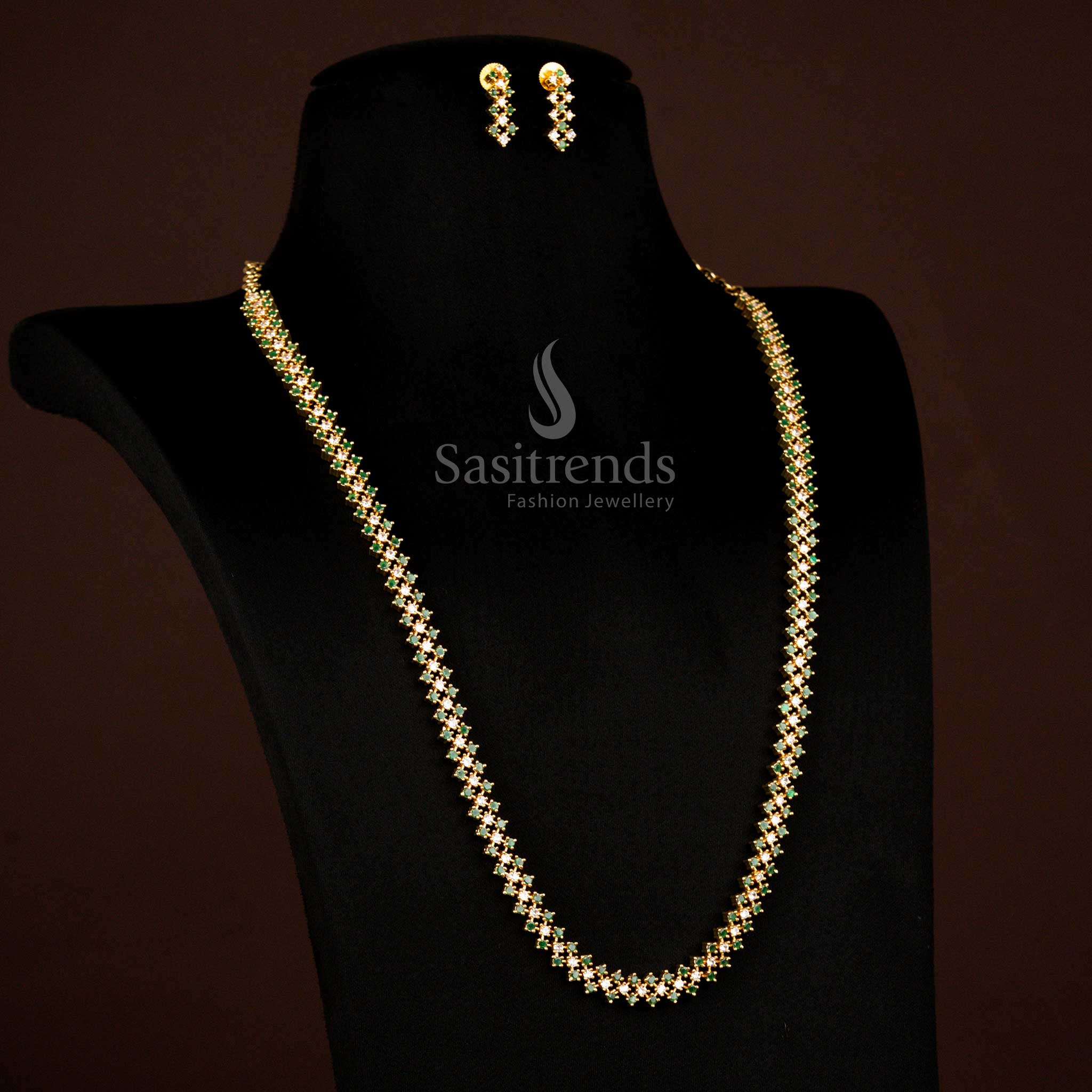 Elegant Designer Micro Gold Plated Green-White American Diamond Jewellery Set Featuring Geometric Cluster Design Ideal For Bridal And Cultural Occasions - Sasitrends