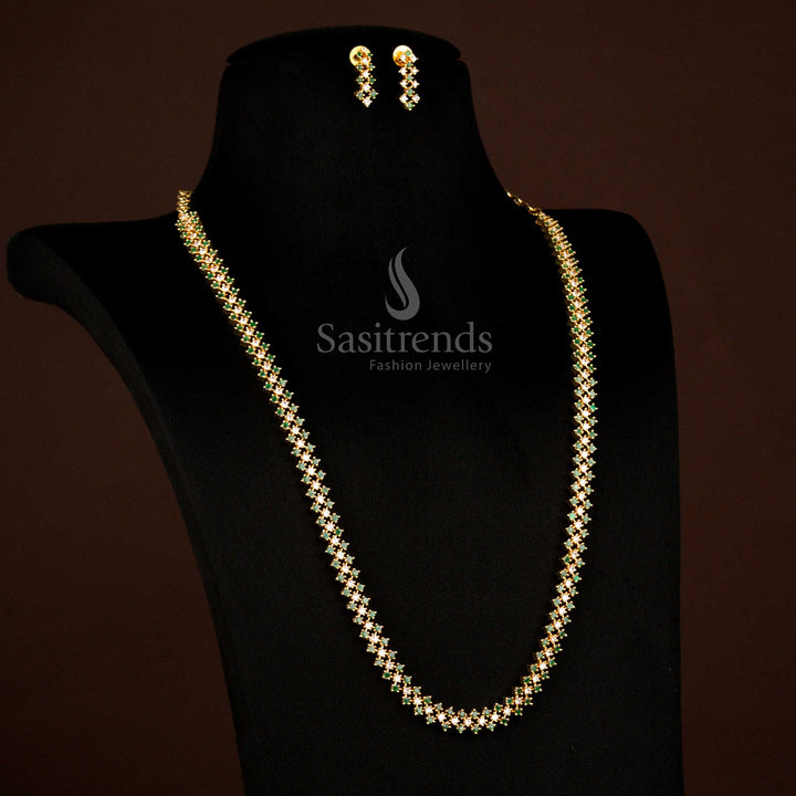 Elegant Designer Micro Gold Plated Green-White American Diamond Jewellery Set Featuring Geometric Cluster Design Ideal For Bridal And Cultural Occasions - Sasitrends
