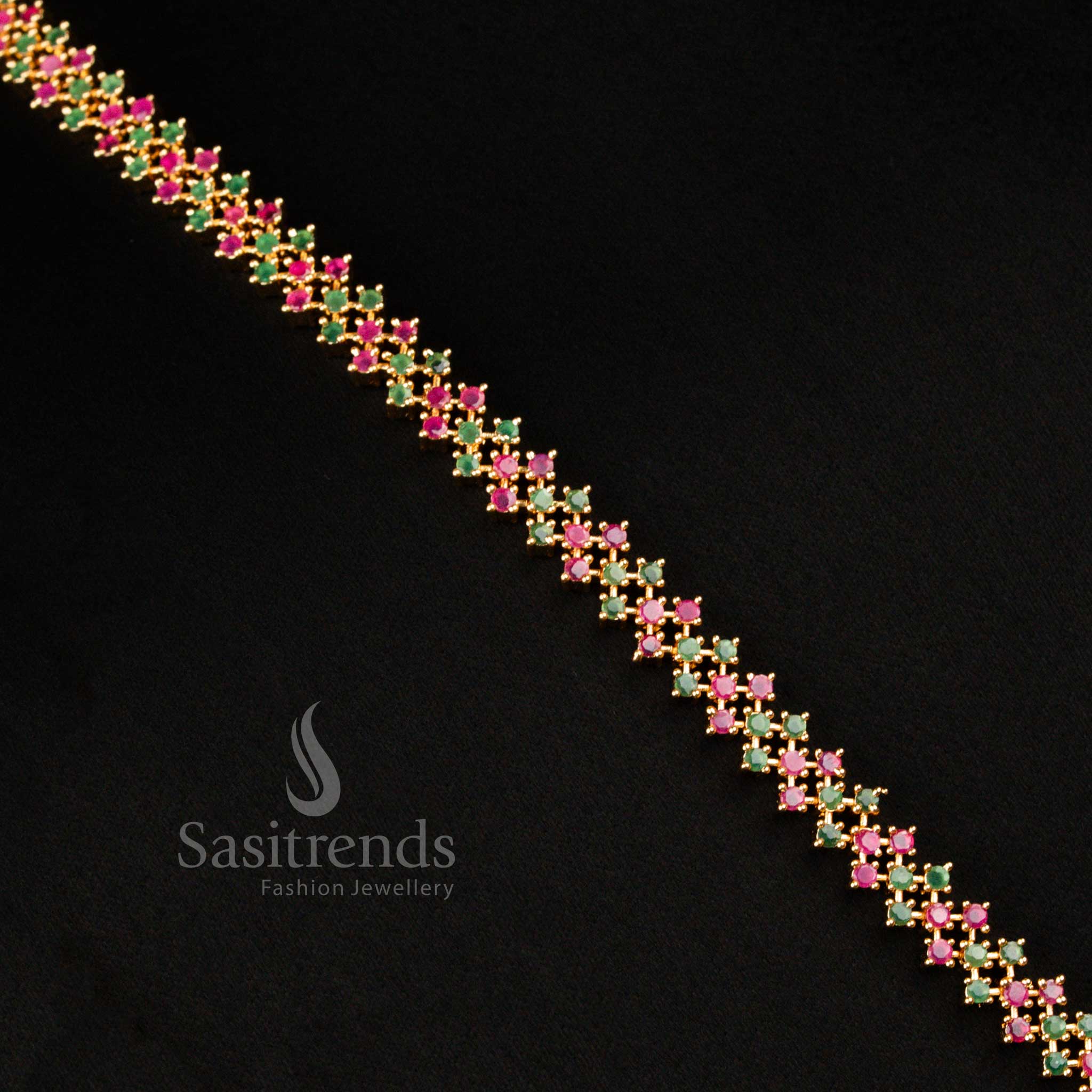 Royal Designer Micro Gold Plated Ruby-Green American Diamond Jewellery Set In Geometric Cluster Pattern Ideal For Festivals And Party Wear - Sasitrends