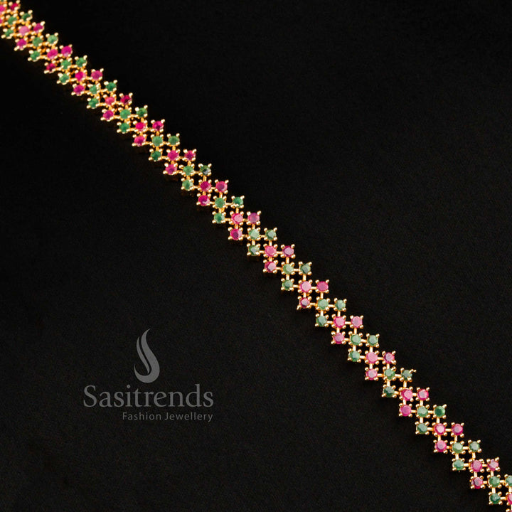 Royal Designer Micro Gold Plated Ruby-Green American Diamond Jewellery Set In Geometric Cluster Pattern Ideal For Festivals And Party Wear - Sasitrends