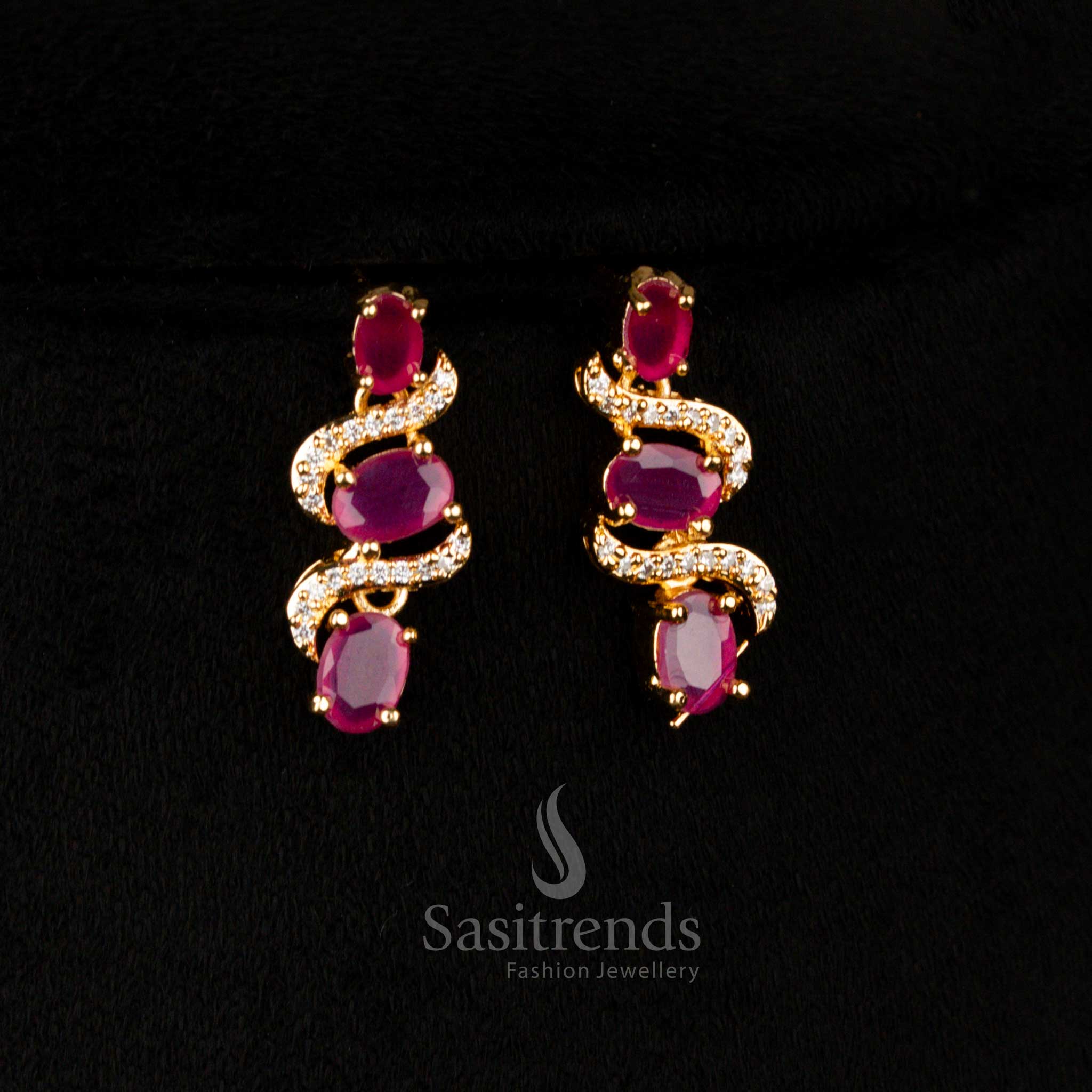 Exquisite American Diamond micro gold plated S-Curve white-ruby earrings with oval stones, perfect for evening lustre and celebration elegance – Sasitrends
