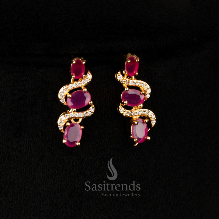 Exquisite American Diamond micro gold plated S-Curve white-ruby earrings with oval stones, perfect for evening lustre and celebration elegance – Sasitrends