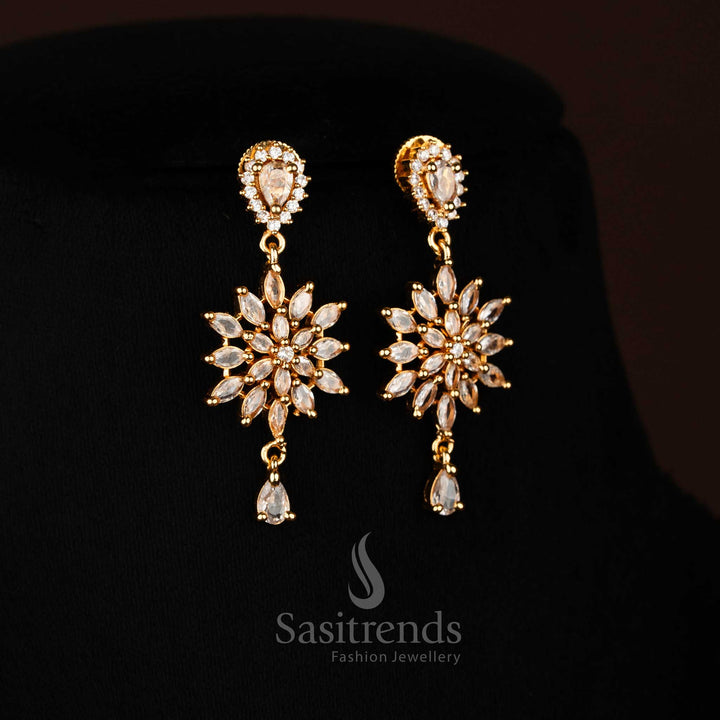 Radiance white American Diamond sunflower hoop earrings featuring pure white stones and decorative link pattern perfect for bridal charm and festive Jewellery - Sasitrends