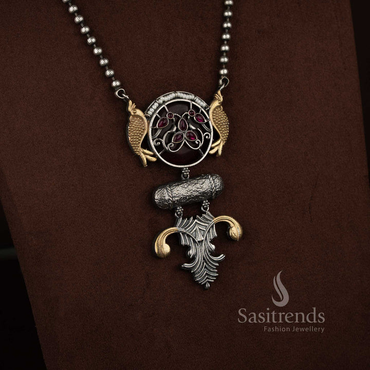 Antique Oxidised 92.5 Silver Plated Dual Fish Circular Medallion Pendant Long Necklace Jewellery Set with Cylindrical Bar Bead Chain ruby colour for festive cultural occasions Sasitrends