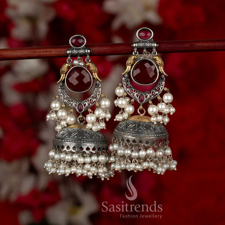 Regal dual tone 92.5 silver plated oxidised bird crescent dangler earrings ruby colour for festive gatherings Sasitrends