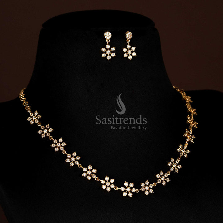 Elegant American Diamond Micro Gold Plated Full White Floral Necklace Jewellery Set With Sparkling Stone Clusters And Traditional Festive Gloss - Sasitrends