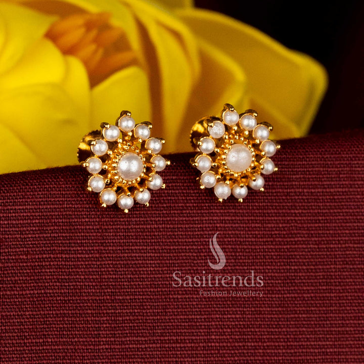 Refined micro gold plated AD teardrop pearl floral stud earrings with polished finish perfect for classic traditional occasions and saree styling – Sasitrends