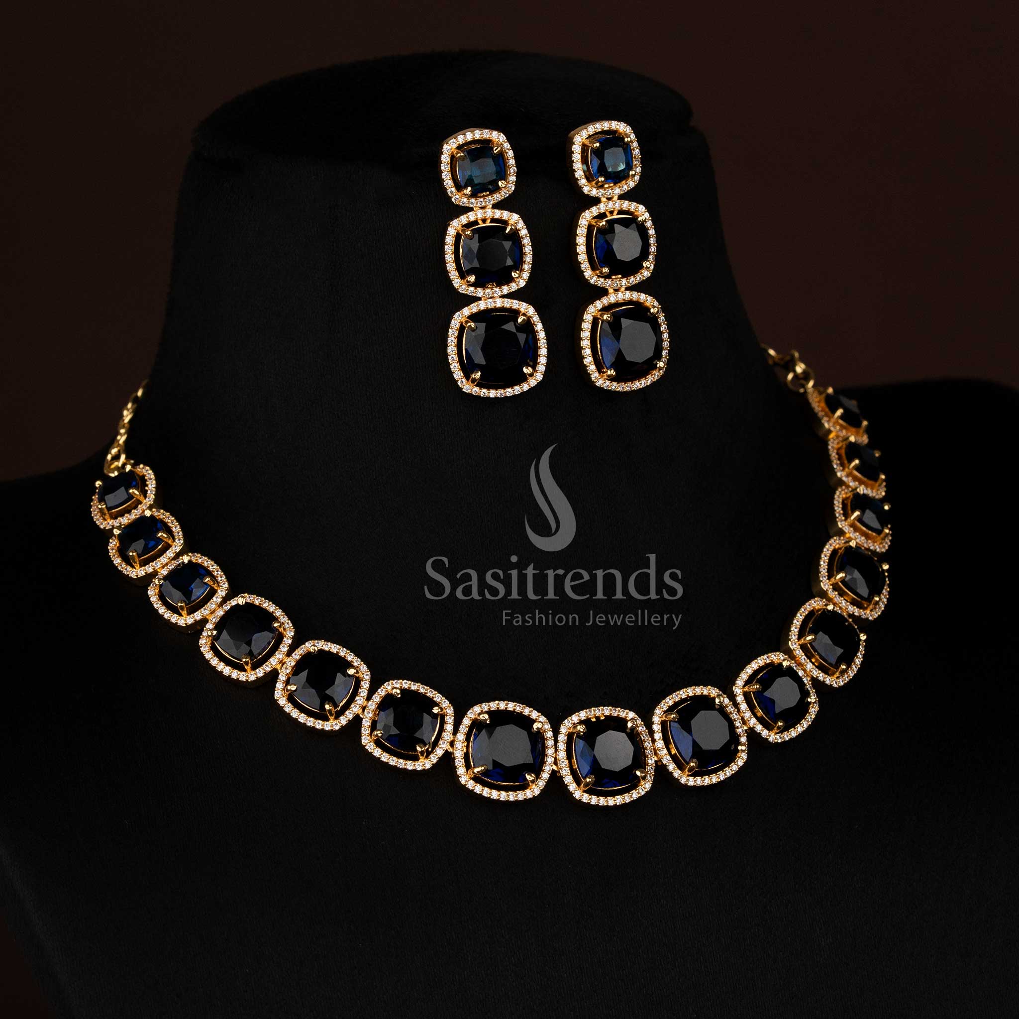 Mesmerising micro gold plated American Diamond blue square stone necklace jewellery set made for party radiance and modern beauty – Sasitrends