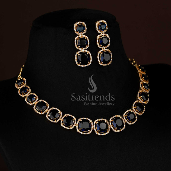 Mesmerising micro gold plated American Diamond blue square stone necklace jewellery set made for party radiance and modern beauty – Sasitrends