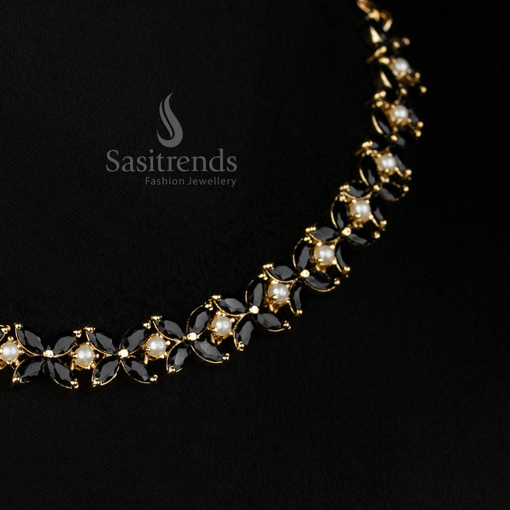 Refined micro gold plated black four petal AD floral necklace set with pearls ideal for ethnic festive celebrations and social gatherings -Sasitrends