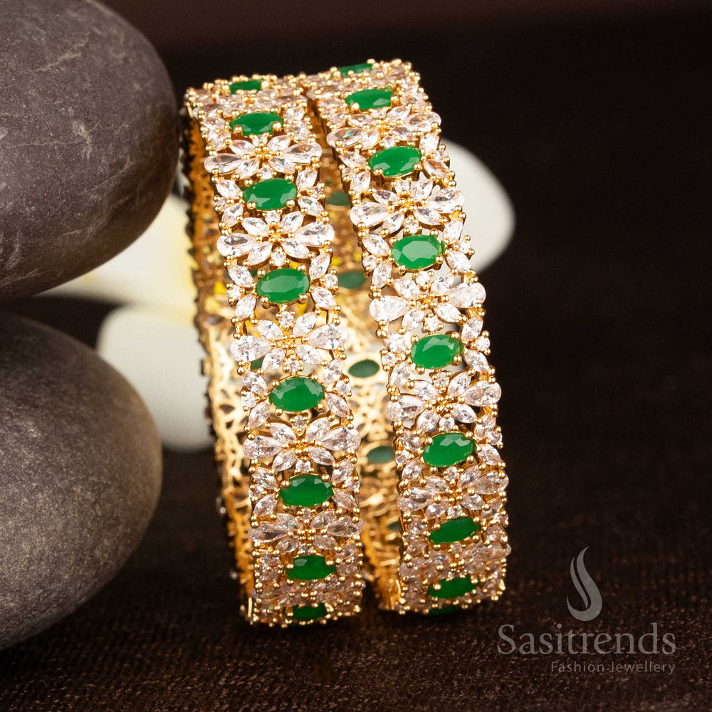 Majestic white green floral American diamond bangles with micro gold plating and exquisite oval stone craftsmanship - Sasitrends